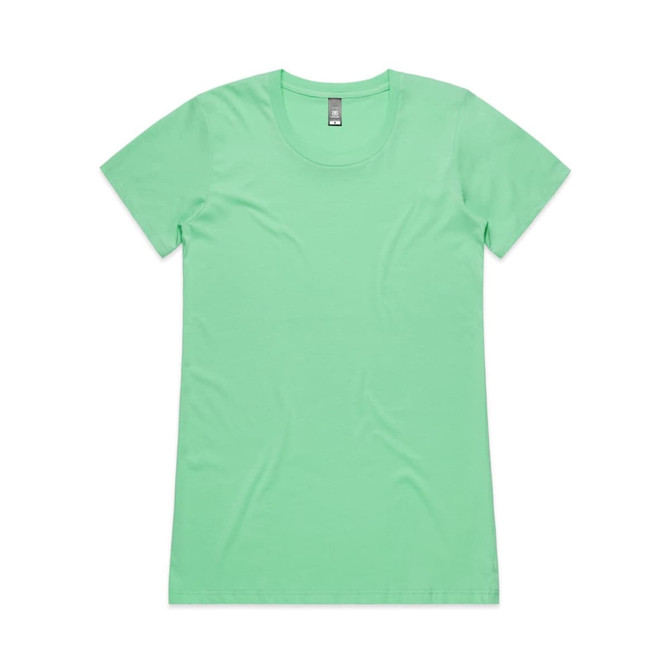 A mint green T-shirt with a round neckline and short sleeves. It features a branding label.
