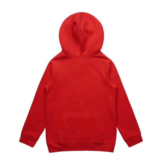 A red hoodie featuring a hood, with long sleeves and a simple design. It has a logo on the back.