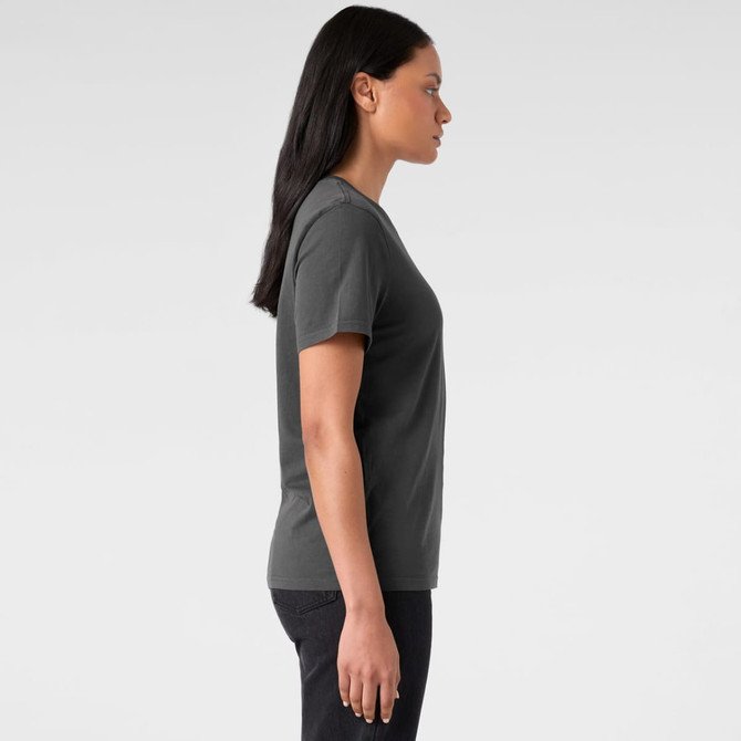 A grey t-shirt in a fitted style, displayed on a model from the side, featuring a logo.