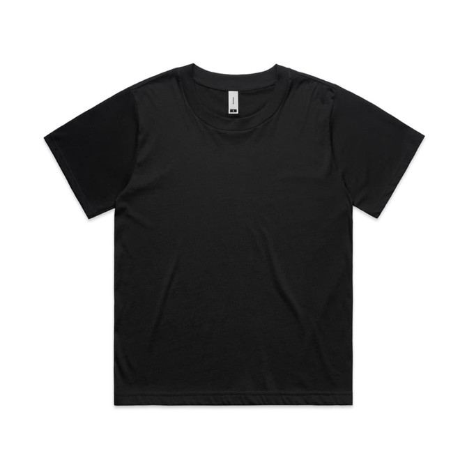 A black t-shirt with a classic crew neckline and short sleeves. It features a logo on the tag.