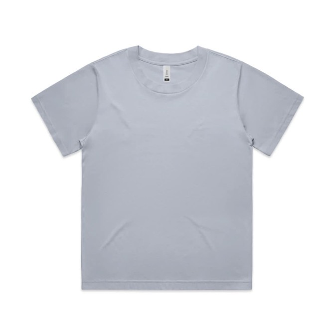 A light grey t-shirt with short sleeves and a round neckline, featuring a branded label at the neck.