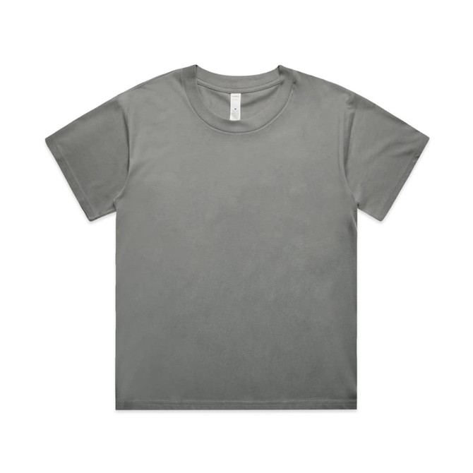 A grey T-shirt featuring a round neckline and short sleeves. The shirt includes a label inside and has a plain design.
