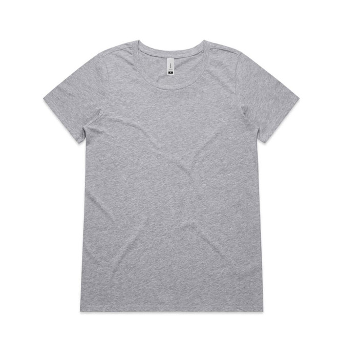 A grey T-shirt featuring a round neckline and short sleeves, with a logo on the label.