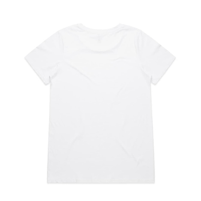 A plain white short-sleeve T-shirt featuring a smooth back design and a logo.