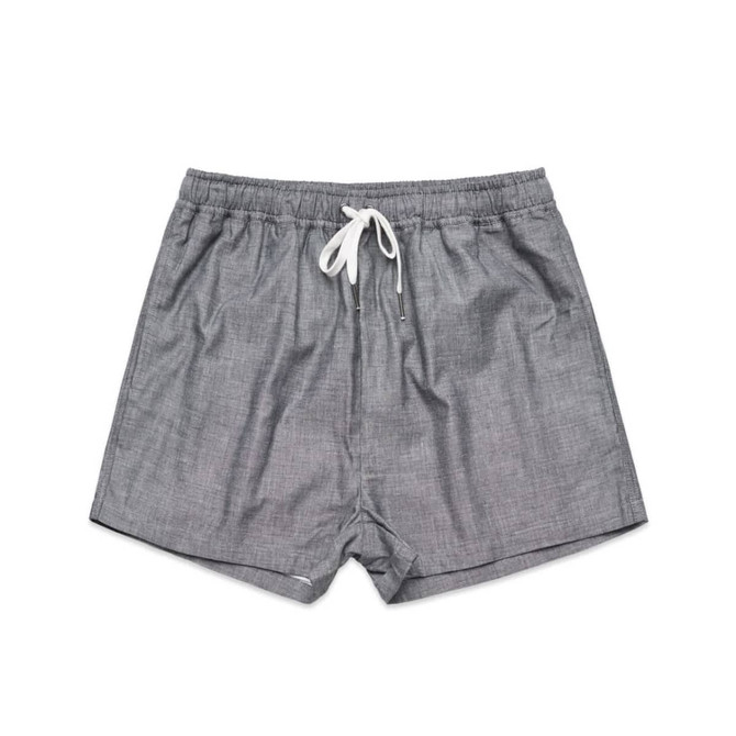 A pair of grey dress shorts with a drawstring waistband and a logo.