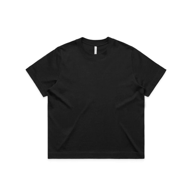 A black boxy tee featuring a classic crew neckline and short sleeves. The garment has no visible designs or patterns.