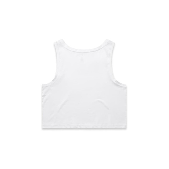 A white crop singlet with a simple design and a logo on the back. Suitable for casual wear or layering.