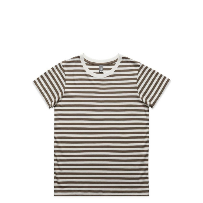 A striped t-shirt featuring brown and white horizontal stripes. The shirt has a crew neckline and includes a logo.