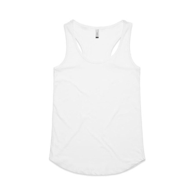 A white racerback singlet featuring a smooth fabric and a rounded hem, with a logo at the neckline.