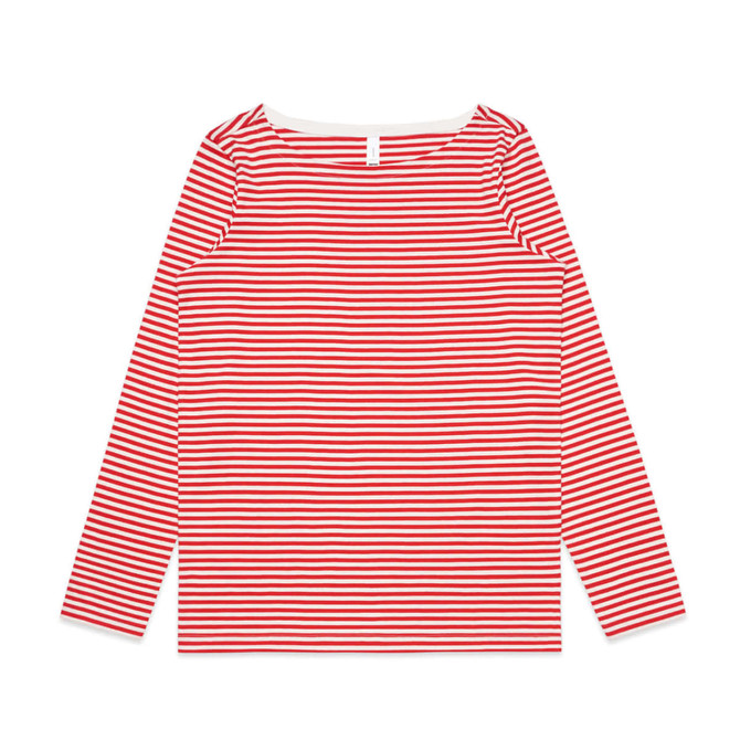 A long-sleeved t-shirt featuring red and white horizontal stripes and a rounded neckline. It has a branding logo.