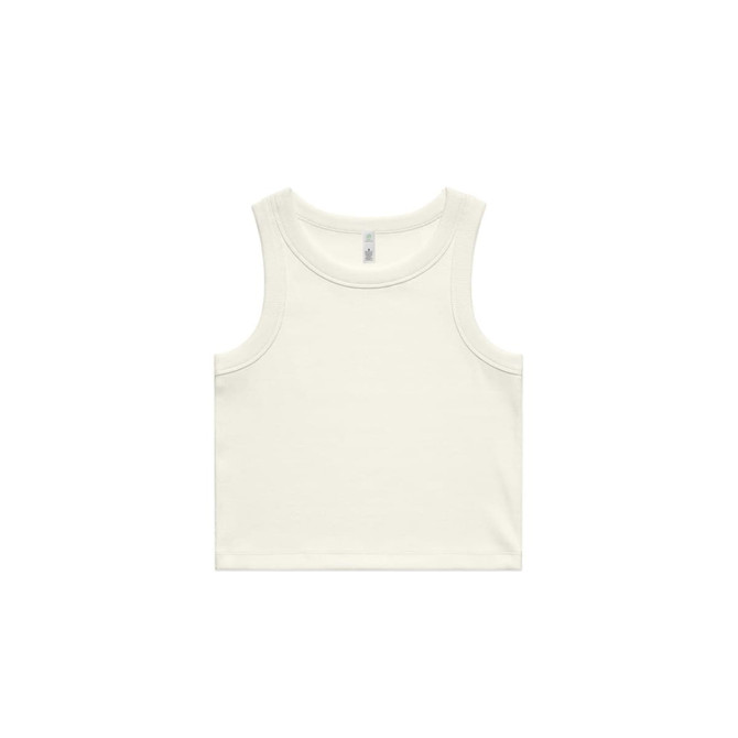 A ribbed crop tank in a light cream colour, featuring wide armholes and a minimal design with a logo.