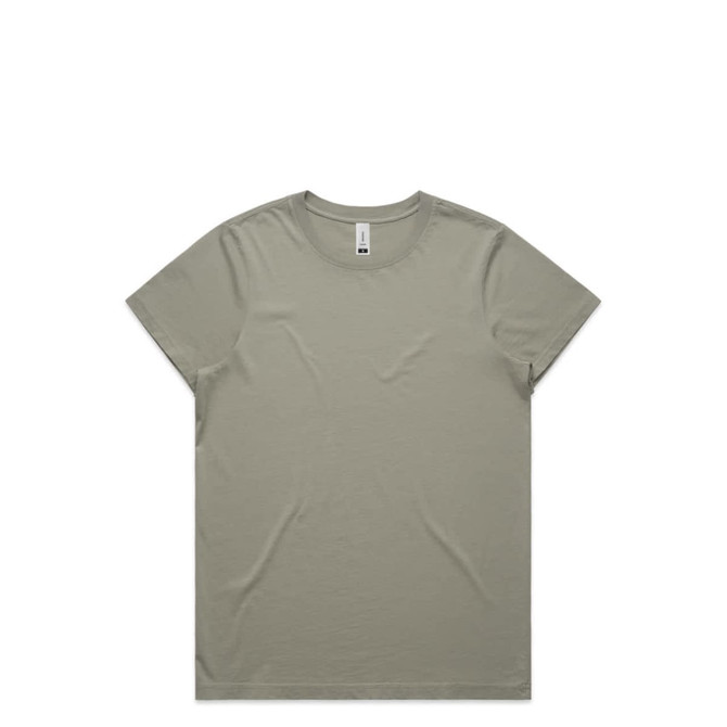 A faded olive green t-shirt with a crew neckline and short sleeves, featuring a subtle logo.