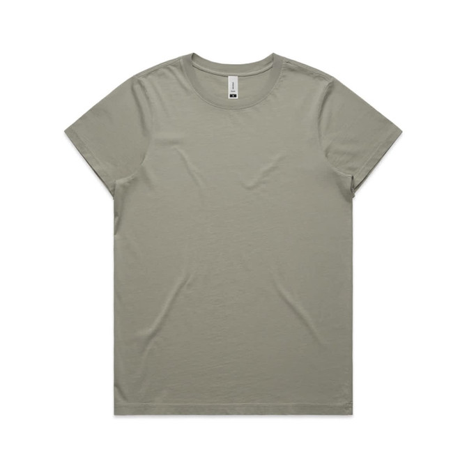 A light olive green t-shirt with a crew neckline and no visible graphics, featuring a logo.