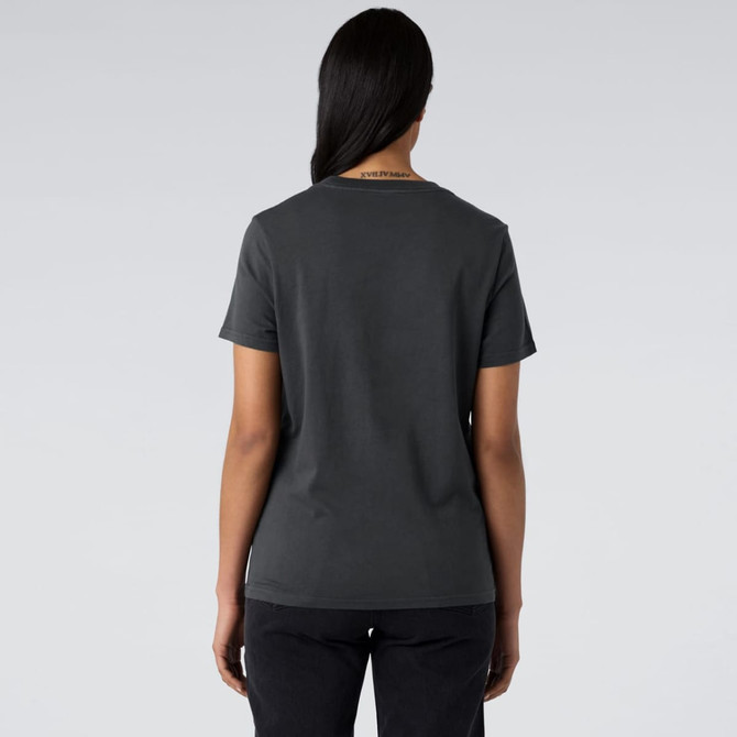 A grey t-shirt with short sleeves and a casual fit, featuring a logo on the back.