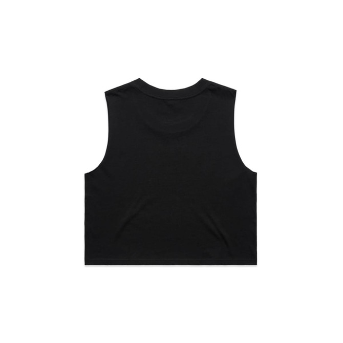 A black crop tank top featuring a sleeveless design and a simple back. It has a logo at the back.