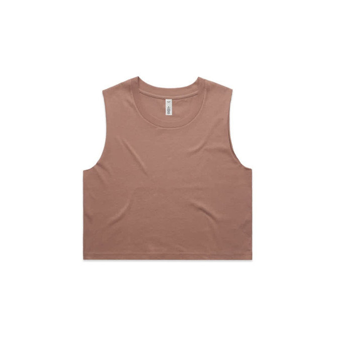 A cropped tank top in a warm tan colour, featuring a simple design and a crew neckline. It has a logo on the label.