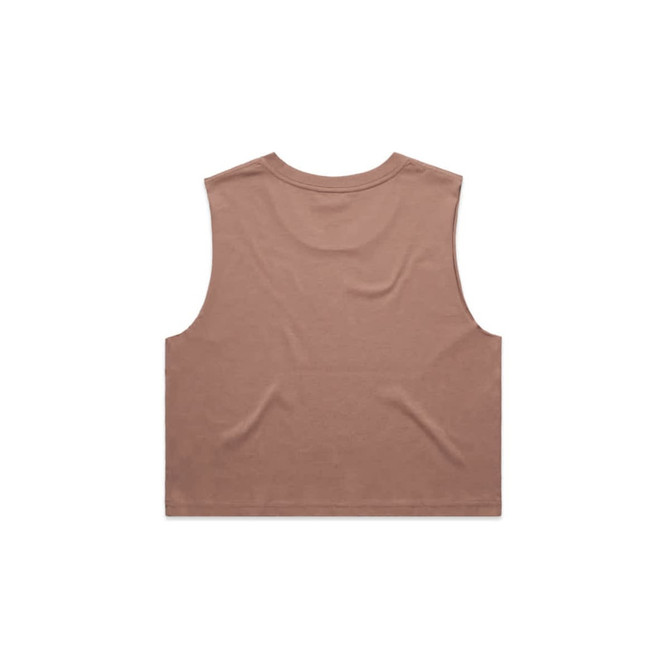 A brown crop tank top with a sleeveless design and a plain back, featuring a branding logo.