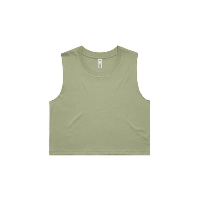 A light green crop tank top with a round neckline, featuring a logo on the inside tag.