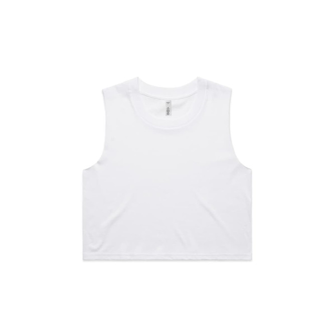 A white crop tank top with a round neckline and no sleeves, featuring a small logo.