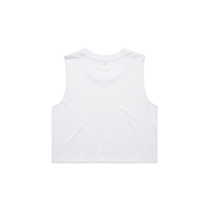 A white crop tank top with a sleeveless design and a plain back. The product features a logo.