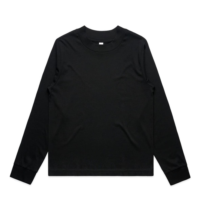 A black long-sleeve t-shirt with a round neckline and fitted cuffs. It features a logo on the front.
