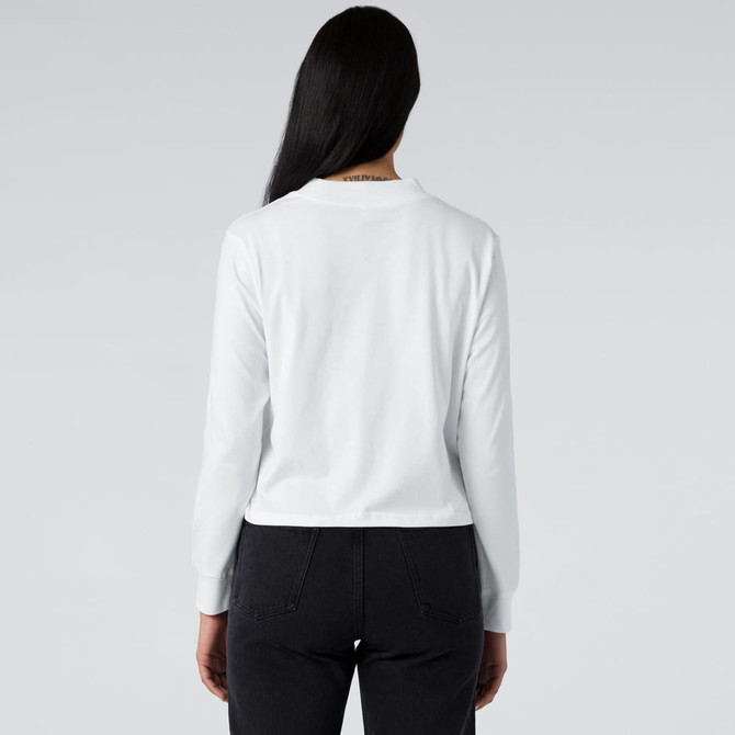 A white long-sleeve tee displayed from the back, featuring a logo on the neckline.