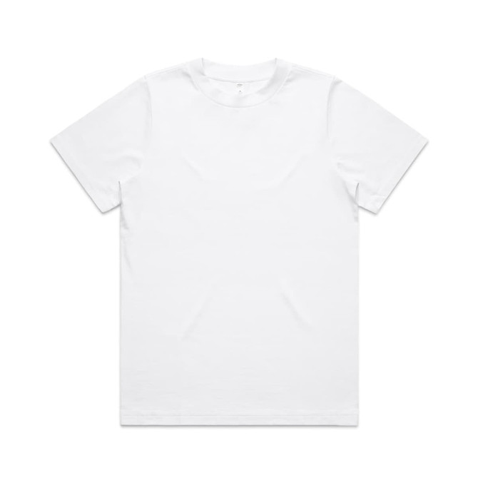 A white t-shirt with a classic crew neck design and short sleeves, featuring a logo.