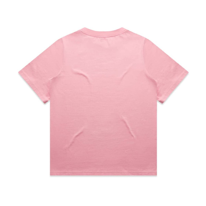 A plain pink T-shirt with a round neck and short sleeves. It features a logo on the back.