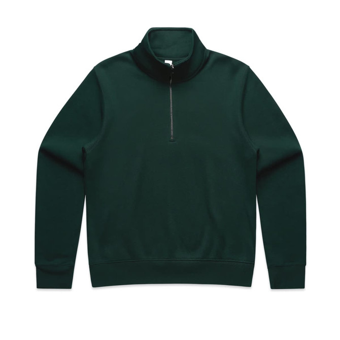 A dark green half zip crew jumper with a smooth finish and a collar. It features a logo on the front.
