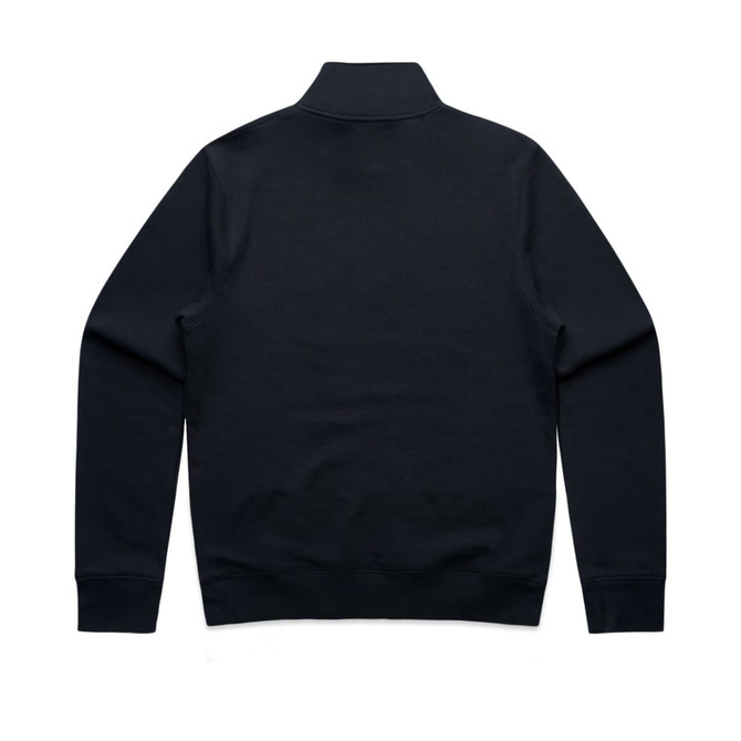 A black half zip crew jumper with a collar and long sleeves, featuring a logo on the back.