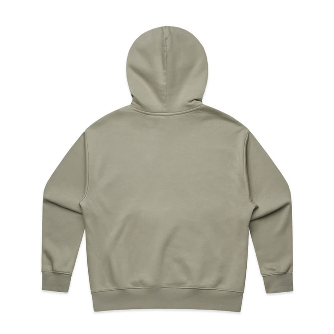 A plain olive green hoodie featuring a large hood and long sleeves. It has a logo on the back.