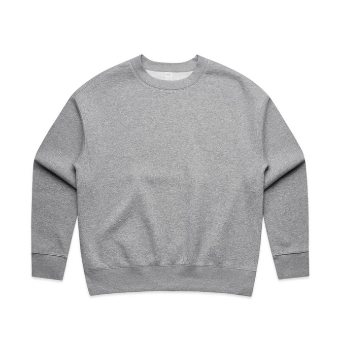 A grey crew jumper with a relaxed fit and long sleeves, featuring a logo on the front.