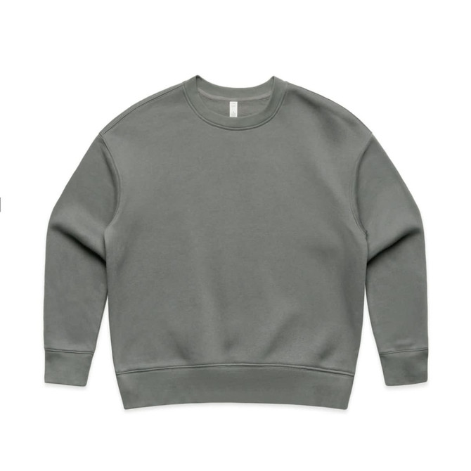A grey jumper with a crew neckline and long sleeves, featuring a logo on the front.