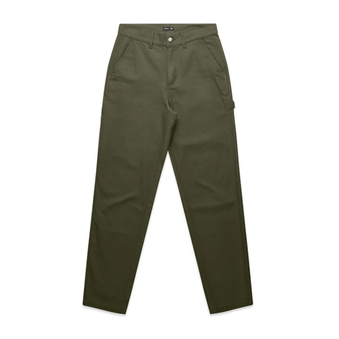 Utility pants in olive green with multiple pockets and a logo. Ideal for casual or outdoor wear.