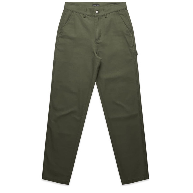 Utility cargo pants in olive green with multiple pockets and a logo on the waistband.