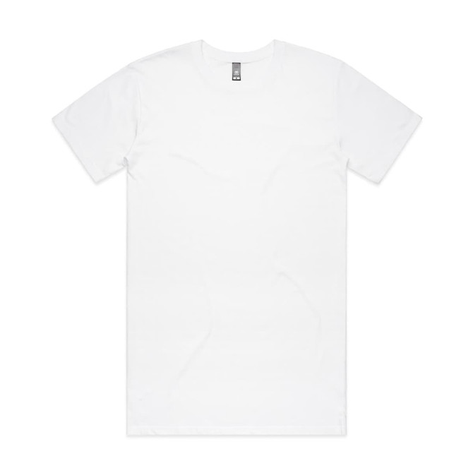 A white T-shirt with short sleeves and a round neckline, featuring a branding label.