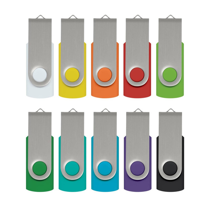 A collection of ten Helix 4GB Mix & Match Flash Drives in various colours, featuring a metal clip and a circular button.
