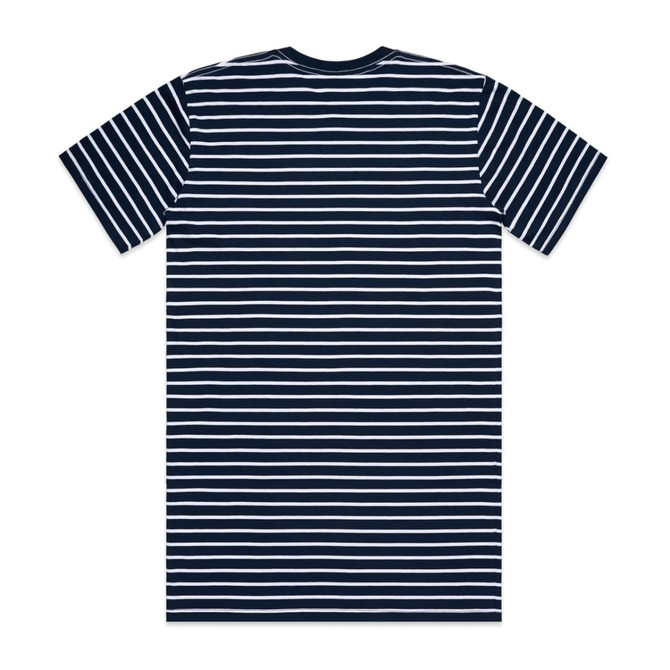 A navy blue and white striped T-shirt with short sleeves and a crew neck, featuring a logo.