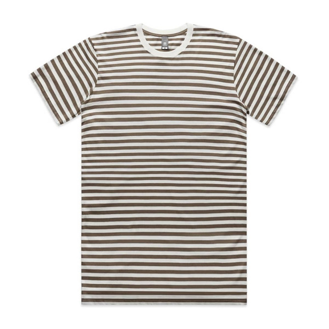 A striped t-shirt featuring alternating brown and white horizontal lines, with a round neckline and short sleeves.