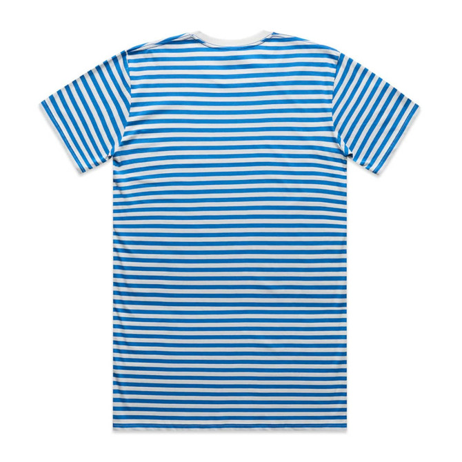 A striped T-shirt featuring blue and grey stripes with a white base, displaying a logo on the back.