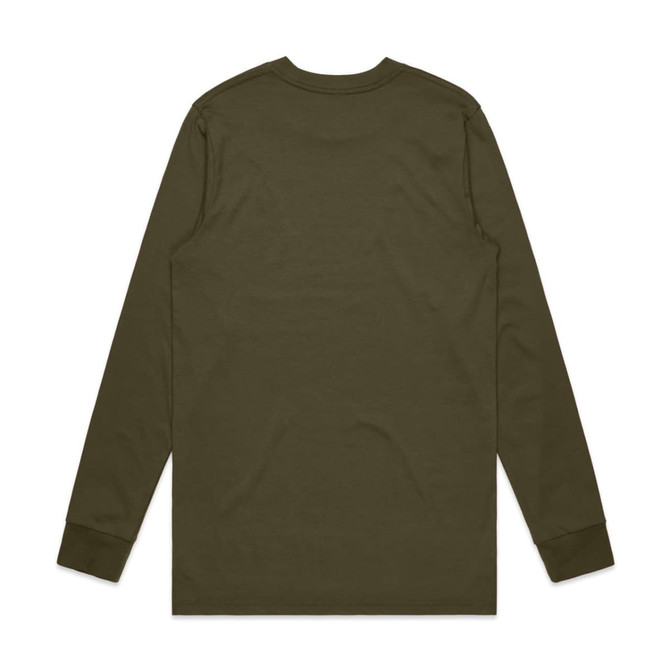 A long-sleeve T-shirt in olive green, featuring a simple design and a logo.