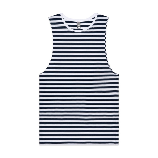 A sleeveless shirt featuring a navy and white striped pattern, with a brand logo on the label.