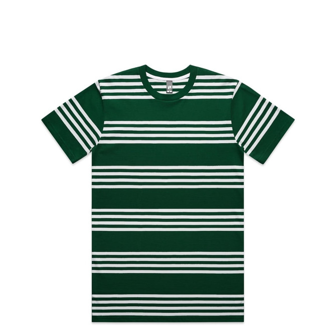 A green striped t-shirt featuring white quad stripes and a logo on the label. Short sleeves and a crew neckline.
