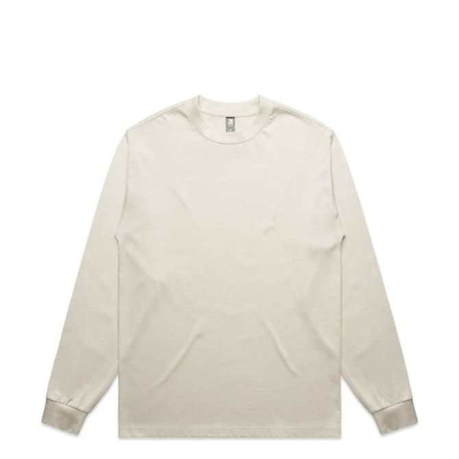 A heavy long-sleeve tee in a light cream colour, featuring a branded label at the neckline.