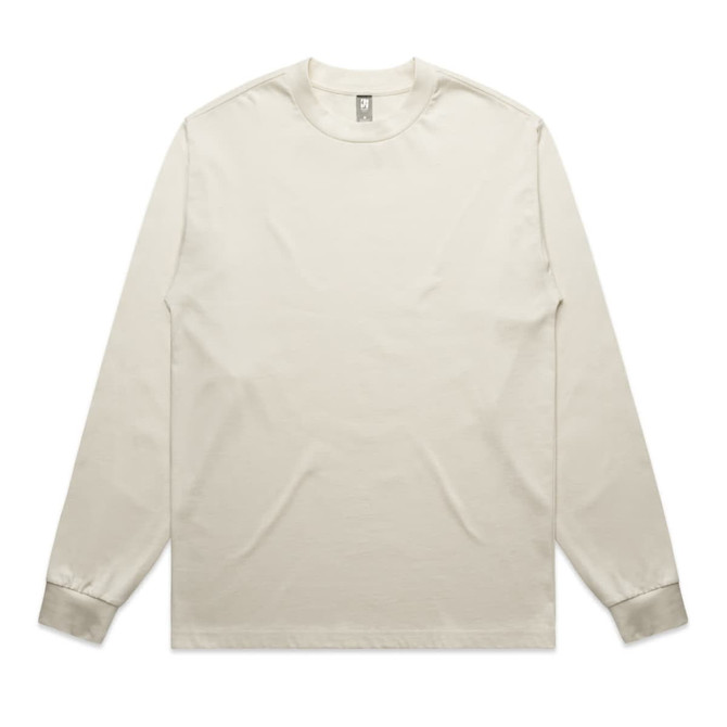 A light beige long-sleeve t-shirt with a round neckline and a logo on the inside label.