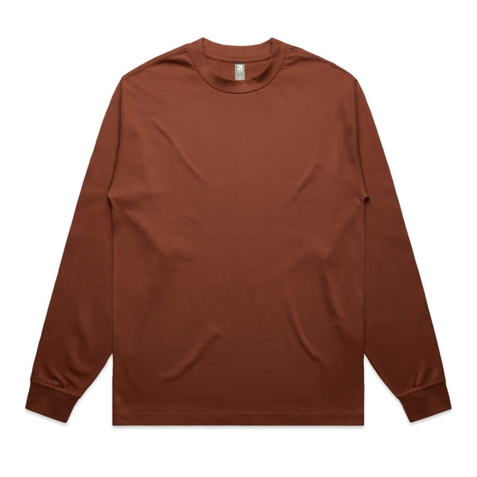A brown long-sleeve T-shirt with a crew neck and logo branding.