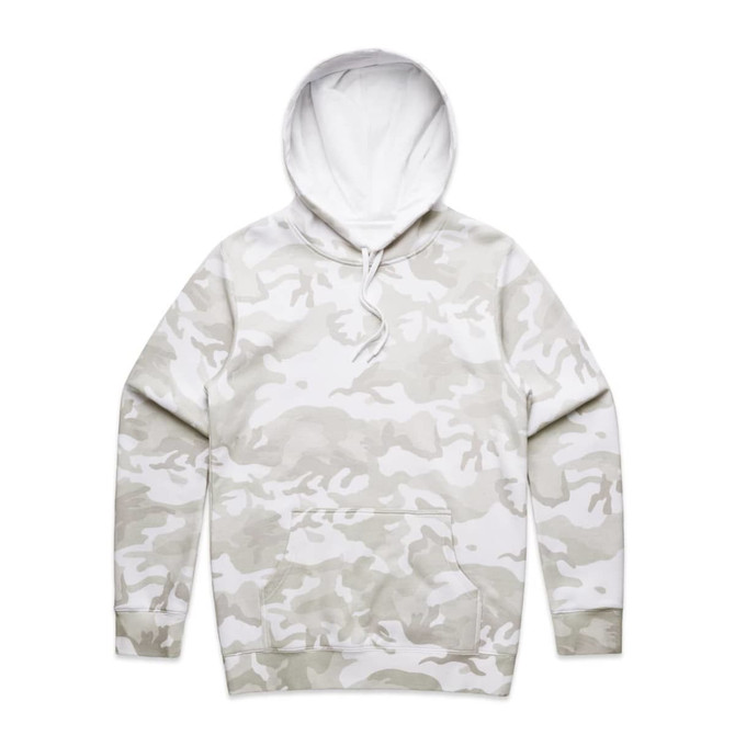 A camouflage-patterned hoodie in shades of white and grey, featuring a front pouch pocket and a drawstring hood.