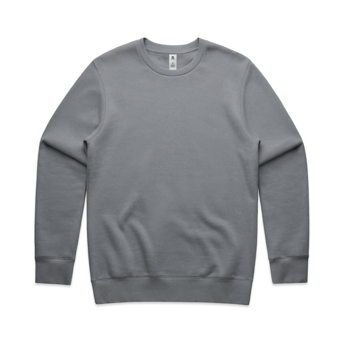 A grey sweatshirt with long sleeves and a round neckline, featuring a logo on the label.