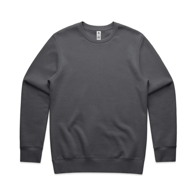 A grey sweatshirt with long sleeves and a ribbed neckline. It features a logo on the front.