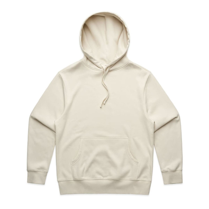 A cream hoodie with a front pocket and drawstring hood. It has a logo on the chest area.